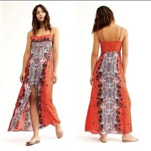 Intimately Free People Red Floral Morning Song Front Slit Maxi‎ Slip Dress XS